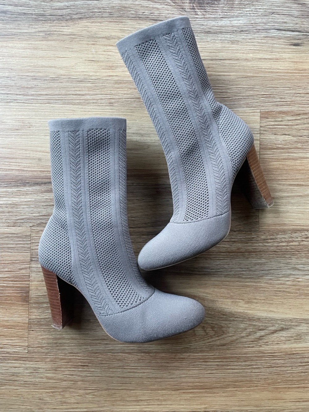 Charles by Charles David Taupe Knit Sock Ankle Boots with Stacked Heel